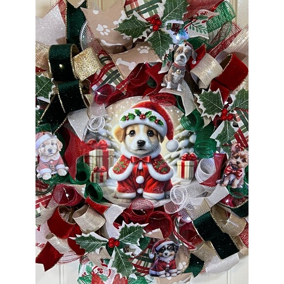 Handmade Christmas Santa Puppy Holiday Ribbon Door Wreath 22 ins W76 - Picture 9 of 12